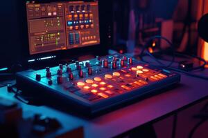 A computer monitor displays a music production software with a keyboard photo