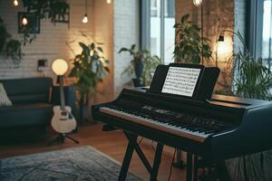 A black keyboard with a sheet of music on it sits in a living room photo