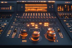 A close up of a black and orange electronic instrument panel photo
