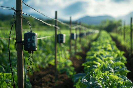 A field of green plants with a few wires and a few devices attached to them photo