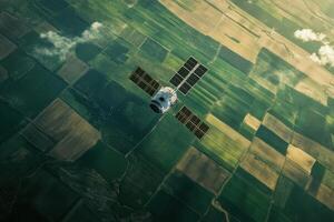 A satellite is flying over a field of grass photo