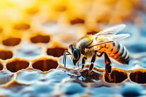 A bee is standing on a honeycomb photo