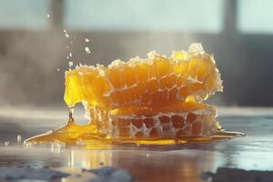 A honeycomb with honey dripping from it photo