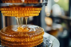 A large, golden honeycomb is poured into a mold photo