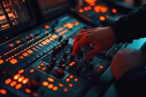 A person is playing a keyboard with a lot of buttons and knobs photo