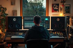 A man sits in front of a computer with a keyboard and a pair of headphones photo
