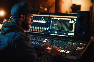 A man with a beard is working on a computer with a black hat on photo