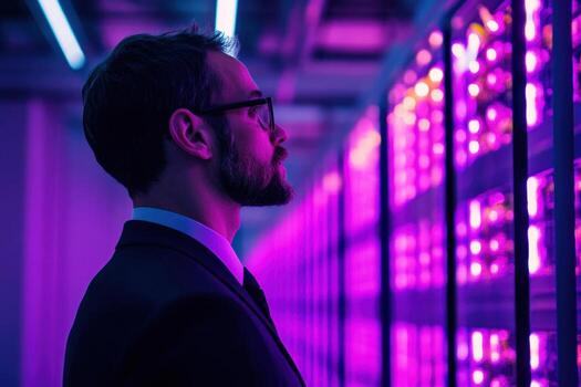 A man in a suit is looking at a computer screen in a brightly lit room photo