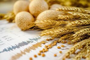 A bunch of wheat and some eggs are on a table photo