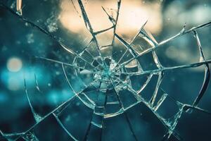 A shattered window with a spider web pattern photo