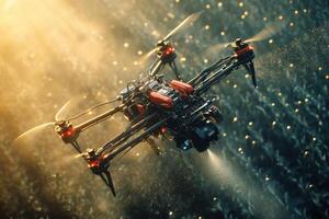 A drone is flying in the air spraying something photo
