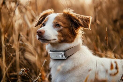 un perro vistiendo un collar es en pie en un campo de alto césped foto