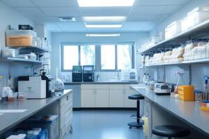 A lab with shelves full of bottles and jars photo