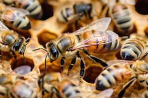 A group of bees are gathered around a honeycomb photo