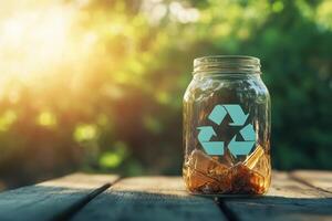 A jar with a green recycling symbol on it sits on a wooden table photo