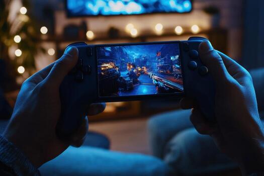 A person is holding a game controller and playing a game on a screen photo
