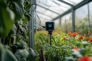 A camera is set up in a greenhouse with a green light on it photo
