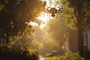 A drone is flying over a lush green forest photo