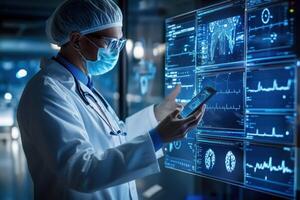 A doctor is looking at a computer screen with a tablet in his hand photo