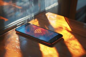A cell phone with a wifi symbol on it is sitting on a wooden table photo