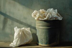 A blue bucket full of white paper is sitting on a wooden table photo
