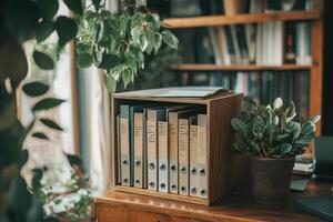 A wooden box with several binders sits on a desk next to a potted plant photo