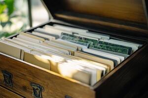 A wooden box with many papers inside photo