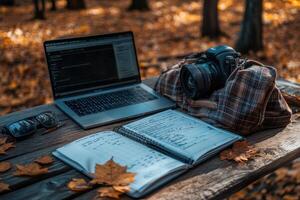 A laptop and camera are on a table with a notebook and a pair of sunglasses photo