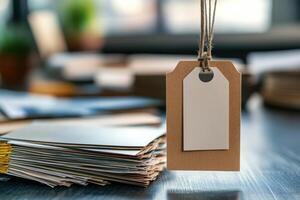 A tag hangs from a string above a pile of papers photo