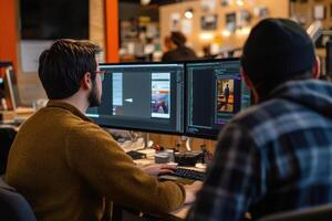 Two men are working on a computer screen, one of them wearing a brown sweater photo