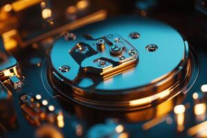 A close up of a disk drive with a shiny silver surface photo