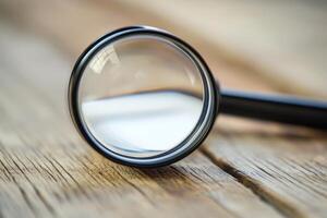 A magnifying glass is on a wooden surface photo