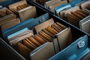 A box of files with many brown folders inside photo