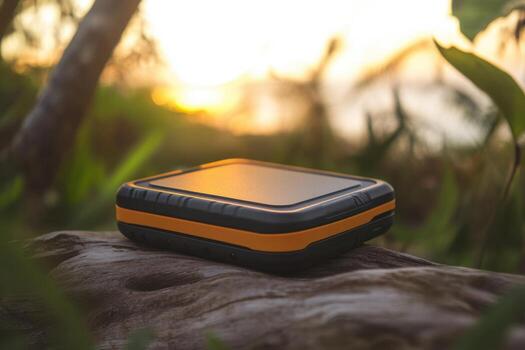 A small black and orange device sits on a log in the grass photo