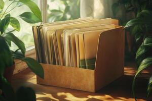A box of papers sits on a table with a potted plant in the background photo