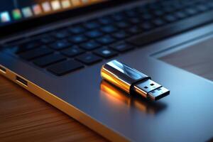 A silver USB flash drive sits on a laptop keyboard photo