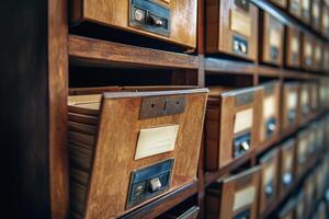 A row of wooden filing cabinets with the drawers open photo