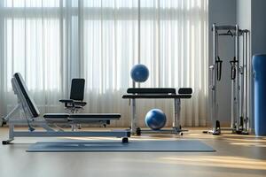 A gym with a blue ball and a bench photo