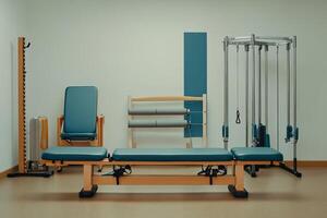 A blue exercise bench sits in front of a wall with a blue stripe photo