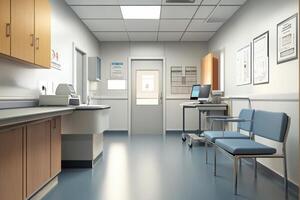 A hospital room with a blue chair and a computer photo