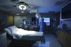 A hospital room with a man in a white coat standing in front of a monitor photo