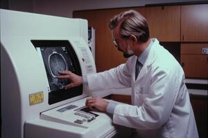 A doctor is pointing at a CT scan of a patient's head photo