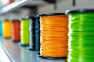 A row of colorful spools of thread are displayed on a shelf photo