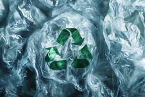 A plastic bag with a green arrow on it that says recycle photo
