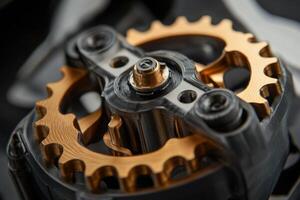 A close up of a gear with gold and black colors photo