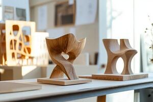 The scene appears to be a display of wooden art pieces photo