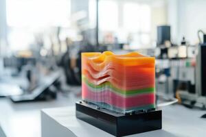 A colorful, multi-layered object sits on a table in a lab photo