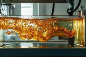 A glass container filled with a yellow liquid with bubbles photo