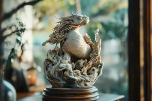 A white statue of a dragon is sitting on a wooden pedestal photo