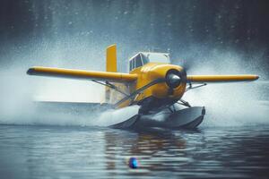 A yellow plane is flying through the air and splashing water photo
